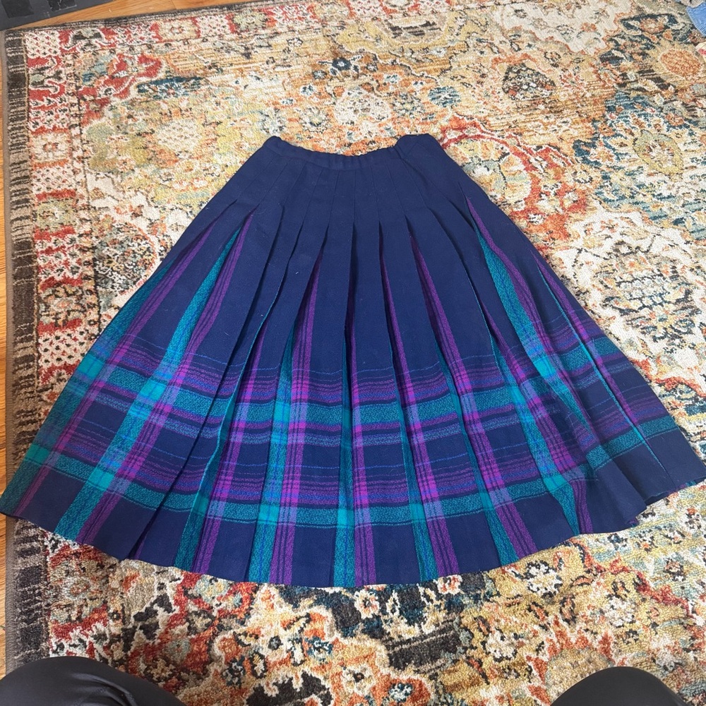 Pendleton Navy Plaid Pleated Wool Skirt with Teal & Purple Accents